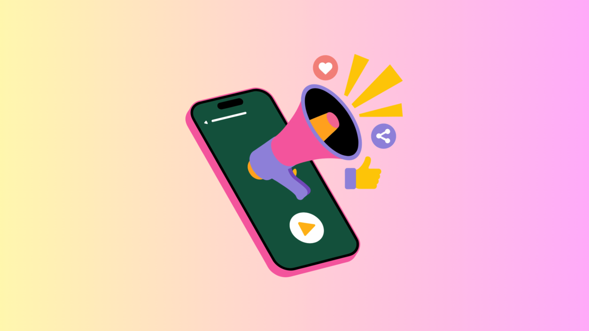 Image of megaphone emerging from smartphone with social media engagement icons.